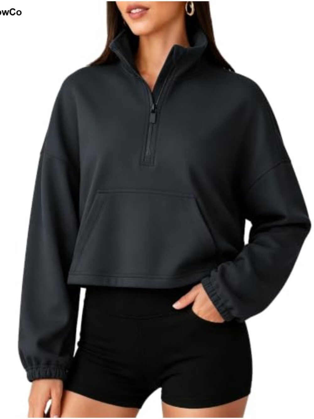 Cropped Quarter Zip Sweatshirt Mock Neck Pullover